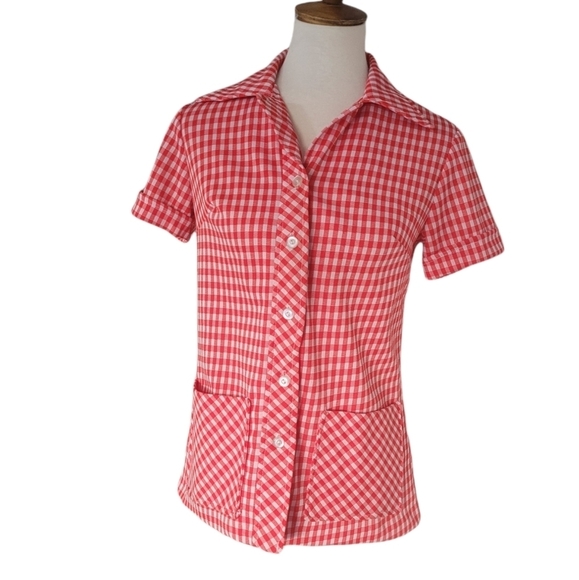Vintage - 1950's Red and White Picnic Check Button Up Top - Picture 1 of 4
